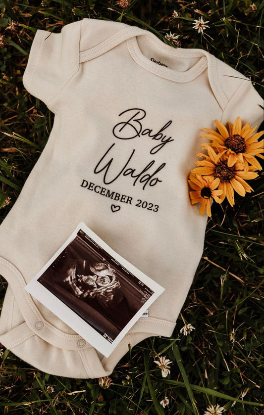Baby Announcement Onesie | Baby Name + Date + Heart