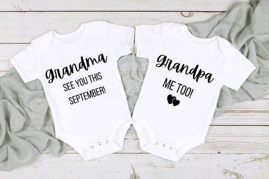 Twin Baby Announcement Onesies | Grandma See You + Grandpa Me Too